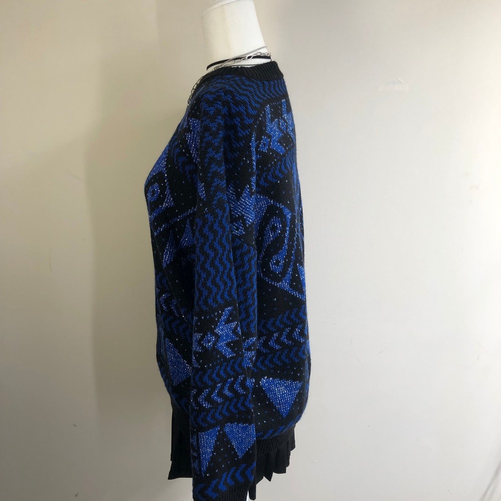 Vintage 80s Metallic Blue Black Abstract Geometric Sweater Womens L XL Oversized - Picture 3 of 12